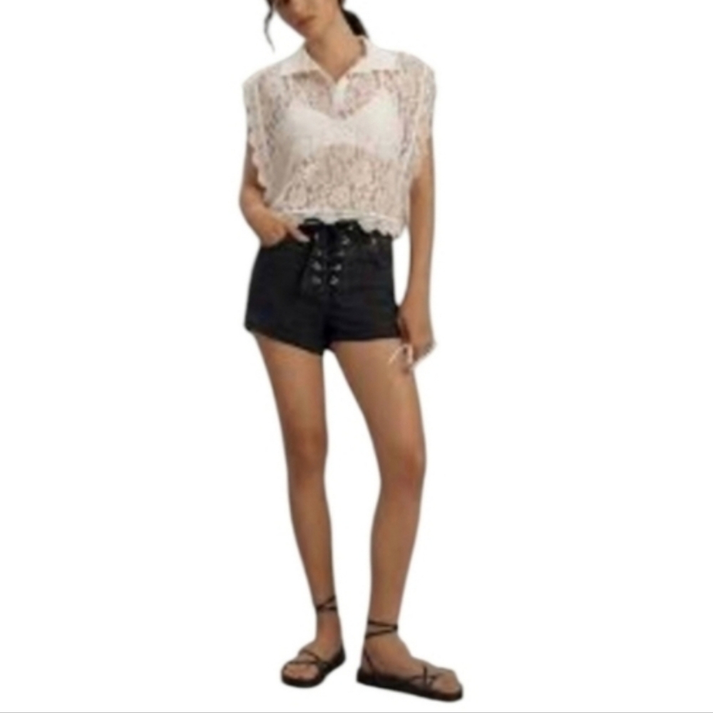 NEW Anthropologie Pilcro Black Lace-Up Denim Shorts - Picture 2 of 8